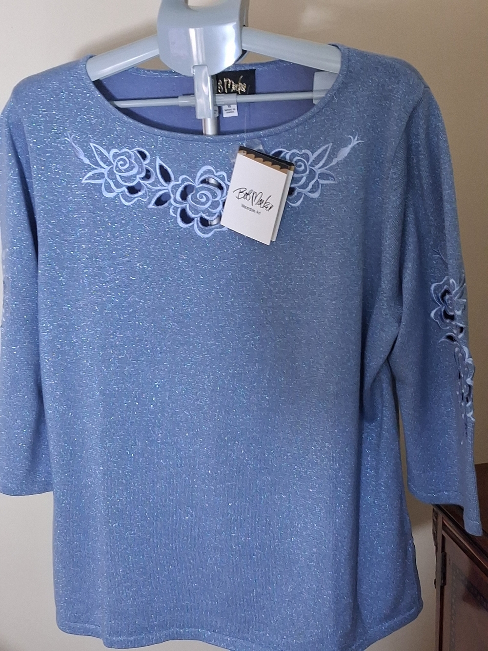 Bob Mackie Blue Sparkle Floral Embroidered Women's Top